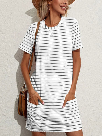 Pocketed Striped Round Neck Short Sleeve Dress DJPT